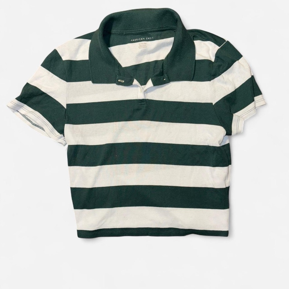 American Eagle Green and White Striped cropped Polo Shirt